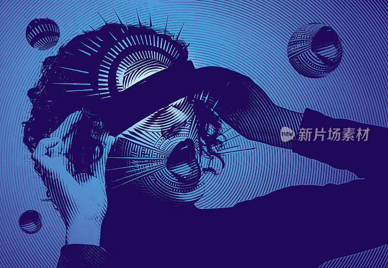 Retro vector of a young woman and virtual reality simulator